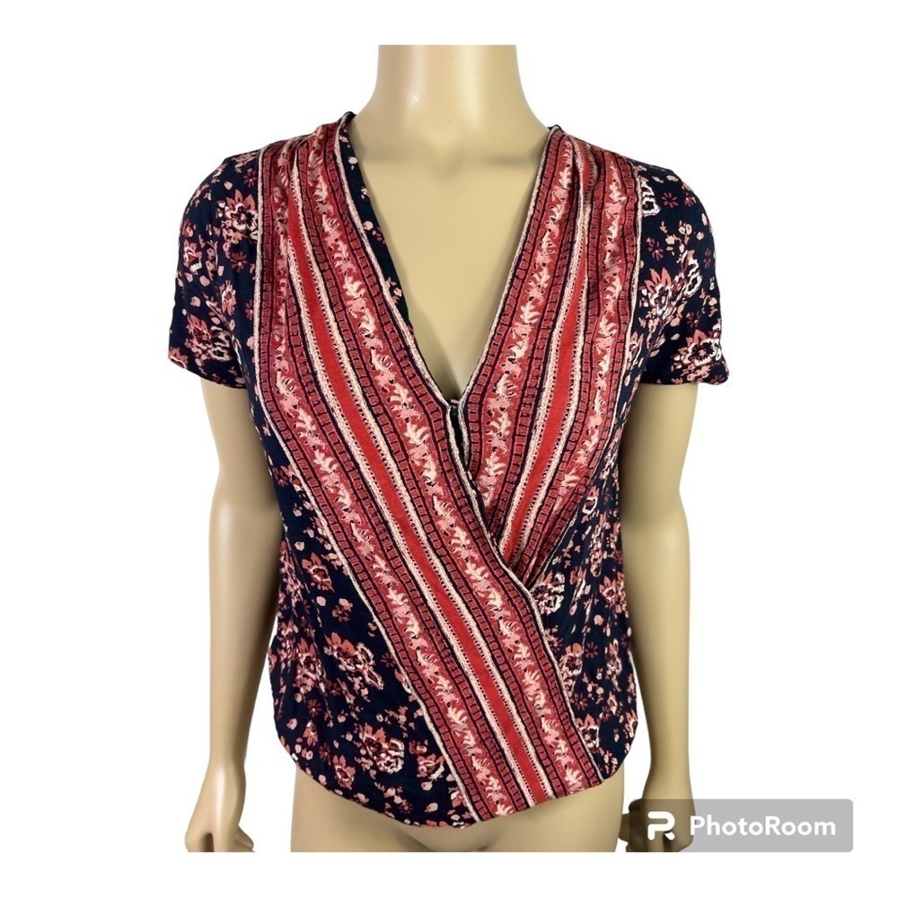 Lucky Brand Wildflower Short Sleeve Faux Wrap Navy NWT Cotton/Modal Sz S.